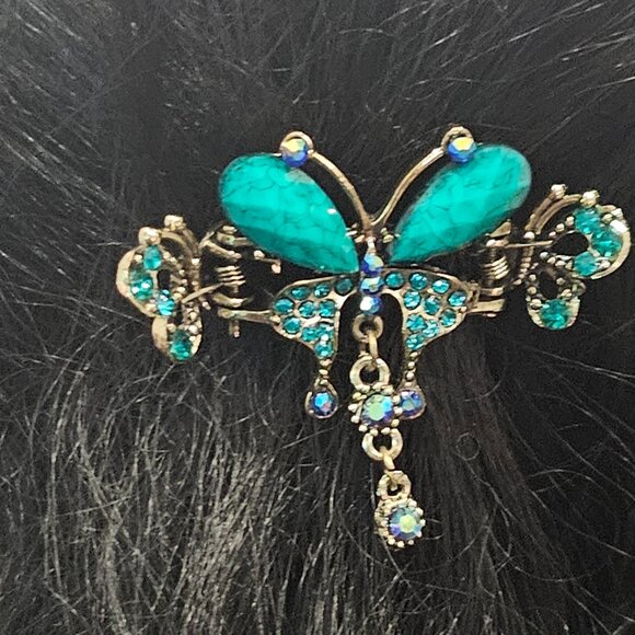 Elegant Crystal Hair Clip Turquoise Butterfly Flower Hair Crab Claw - Picture 4 of 7